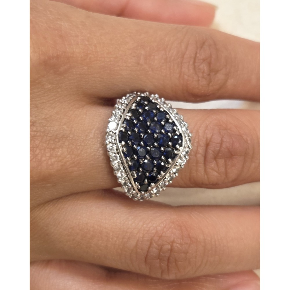 Large Vintage Sterling Silver Marquis-shaped Lab‎ Sapphire & CZ Ring Size 7 - Picture 2 of 7